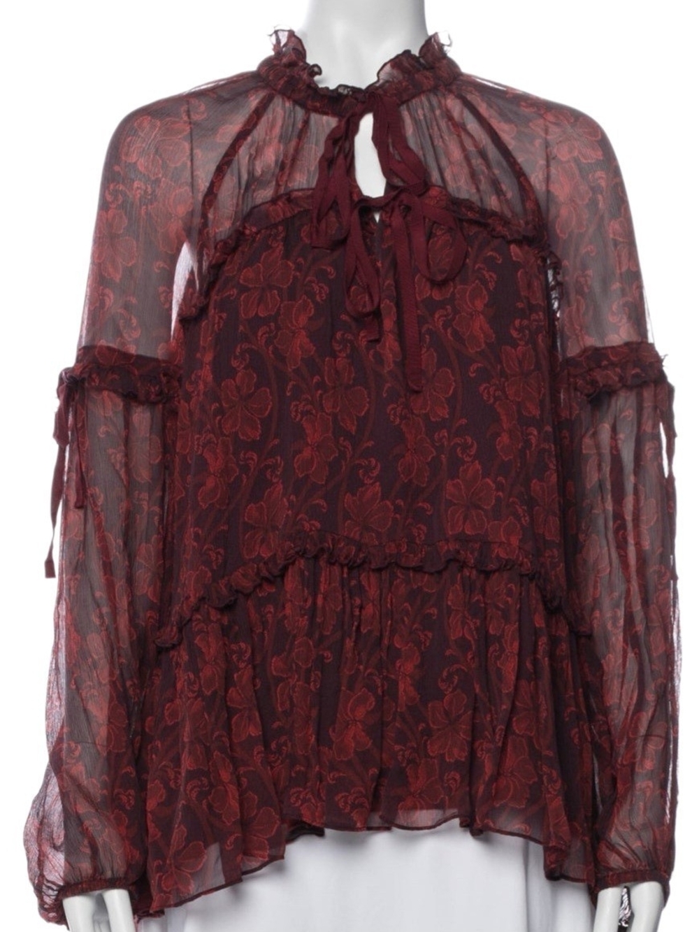 Cinq à Sept Silk Floral Print Ruffle Blouse Burgundy Red Size S